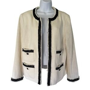Talbots Ivory Black Contrast Trim Cotton Blend Tweed Jacket Blazer Womens 16